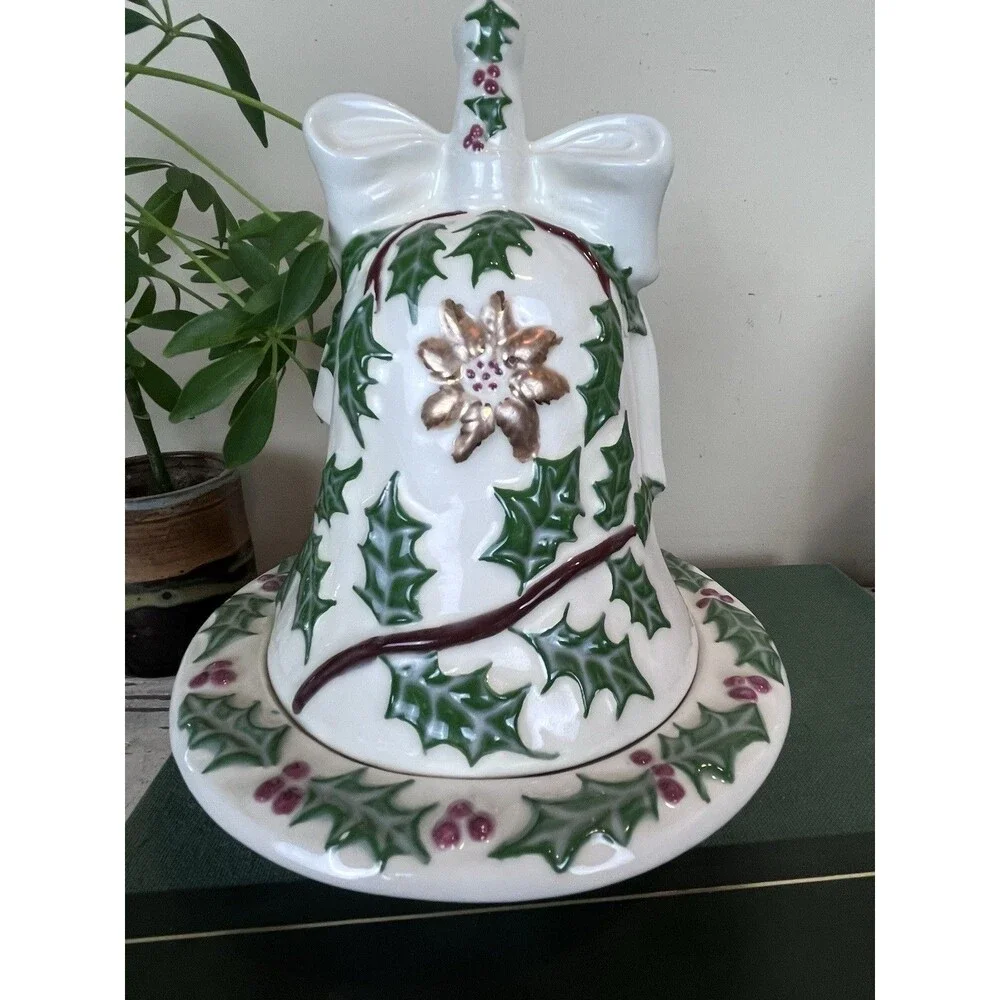Vintage Hand Painted Christmas Ceramic White Bell Butter/Candy Dish Bow Holly